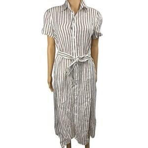 Polo by Ralph Lauren Brown/White Linen 100 Stripe Long Shirt Dress Size 6